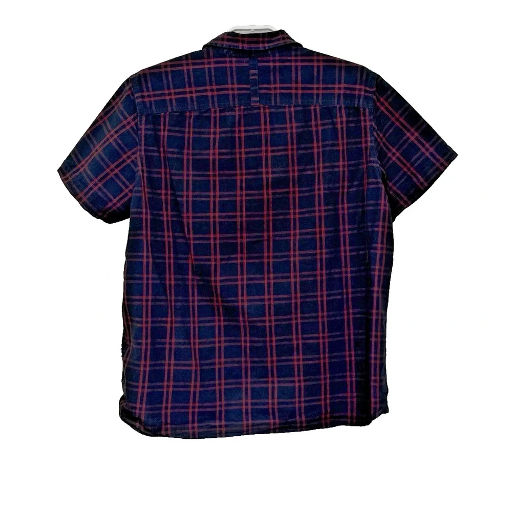 The North Face Button Front Shirt Mens Size XL Dark Blue Red Plaid Short Sleeve